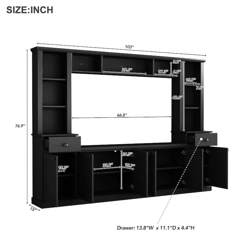 Modern Entertainment Center for 75" TV, Wall Unit TV Stand with Bridge & Adjustable Shelves, Large Media Console with Cabinet
