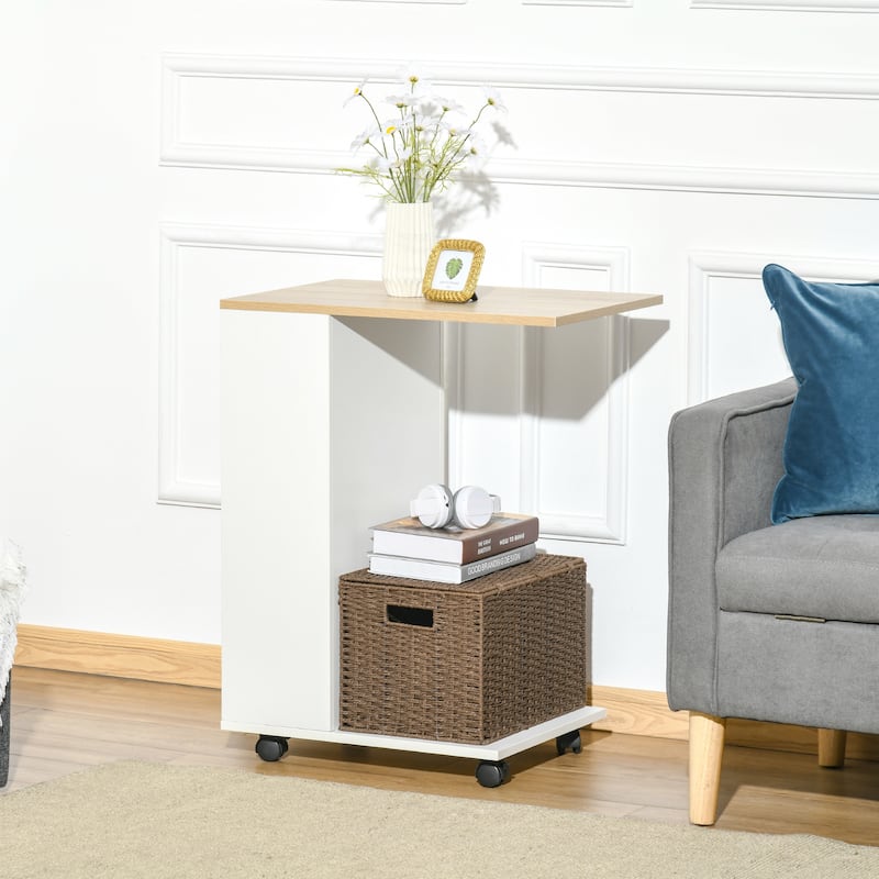 HOMCOM C-Shaped Sofa Side Table Mobile End Table with Storage and Wheels for Living Room, Bedroom, Office - White