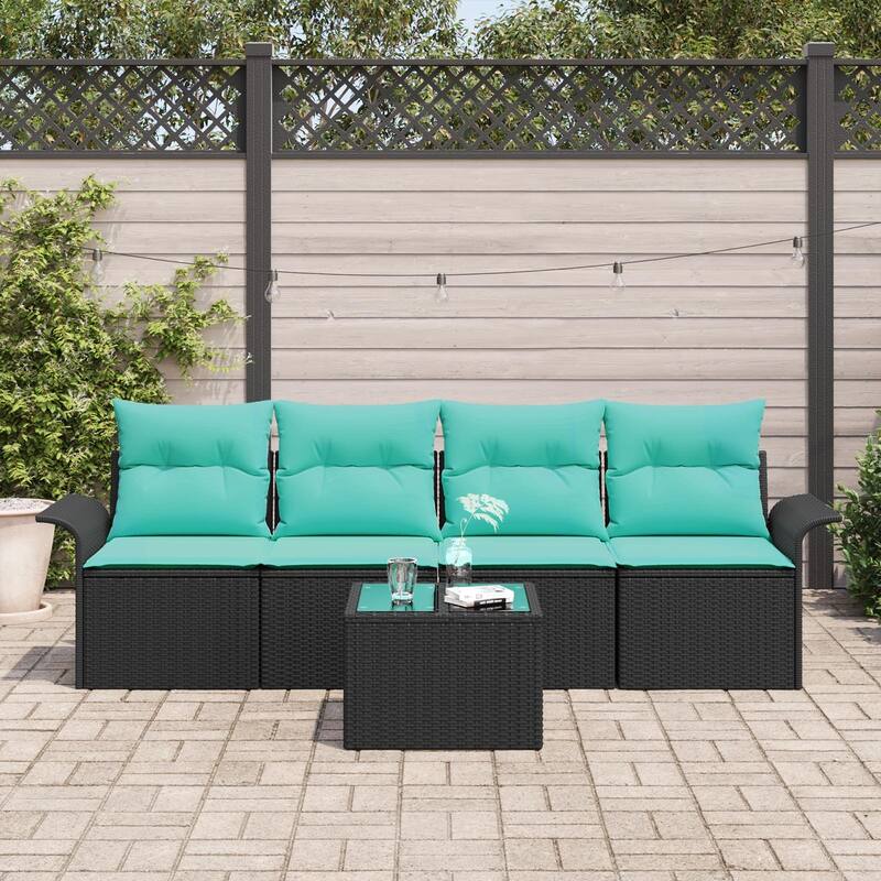 vidaXL 5 Garden Sofa Set with Cushions Black Poly Rattan - 98.8 x 24.4 x 27.2