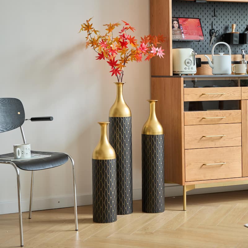 Set of 3 Black and Gold Metal Vase Floor Vases Ideal (25"/30"/34" H)