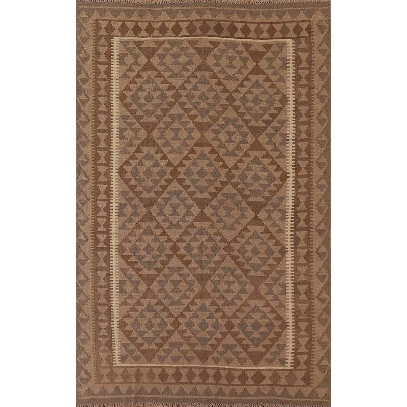 Brown Reversible Kilim Area Rug Flat-weave Oriental Wool Carpet - 5'5" x 8'1"