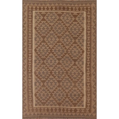 Brown Reversible Kilim Area Rug Flat-weave Oriental Wool Carpet - 5'5" x 8'1"