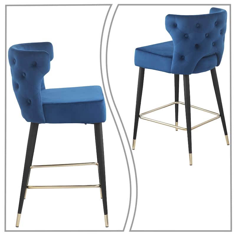Mid-Century Modern Velvet Upholstered Barstools with Black Metal Legs