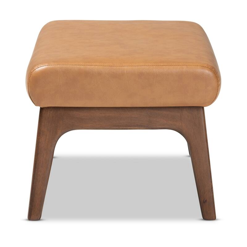 Bianca Mid-Century Modern Walnut Brown Finished Wood and Tan Faux Leather Effect Ottoman