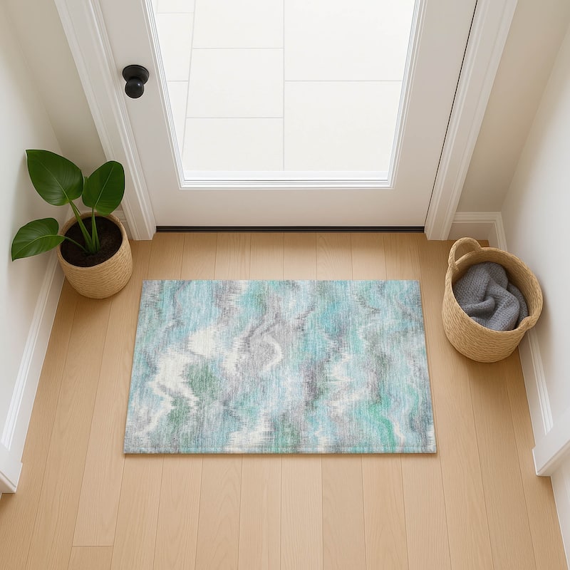 Machine Washable Indoor/ Outdoor Abstract Watercolor Chantille Rug