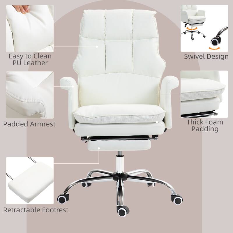Executive Office Chair PU Leather Ergonomic Office Desk Chair with Footrest, Reclining and Swivel, for Home Office, White