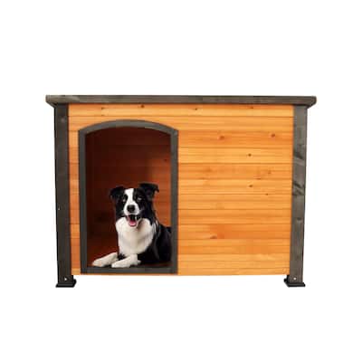 45"Dog House Outdoor and indoor wooden kennel, winter strap with elevated feet, large dog weatherproof (gold red and black)