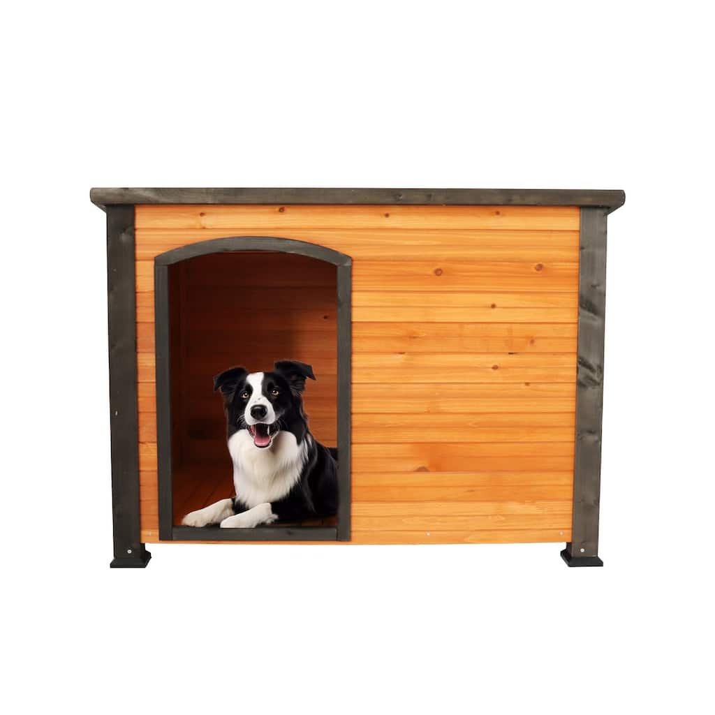 45"Dog House Outdoor and indoor wooden kennel, winter strap with elevated feet, large dog weatherproof (gold red and black)