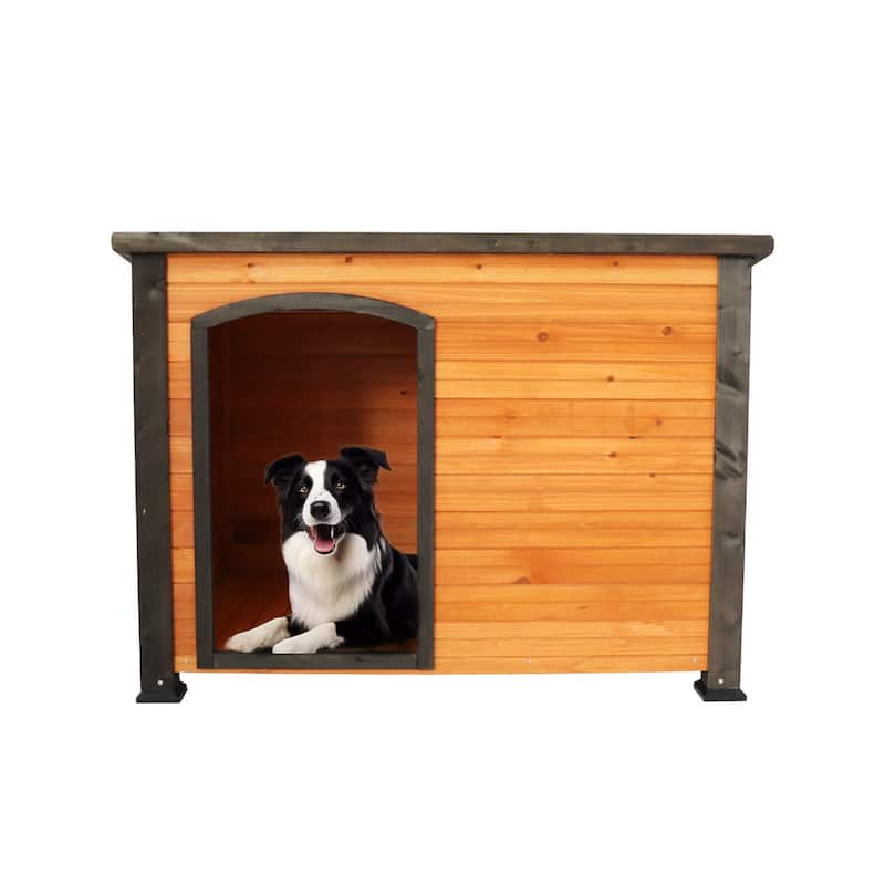 45"Dog House Outdoor and indoor wooden kennel, winter strap with elevated feet, large dog weatherproof - Gold/Black