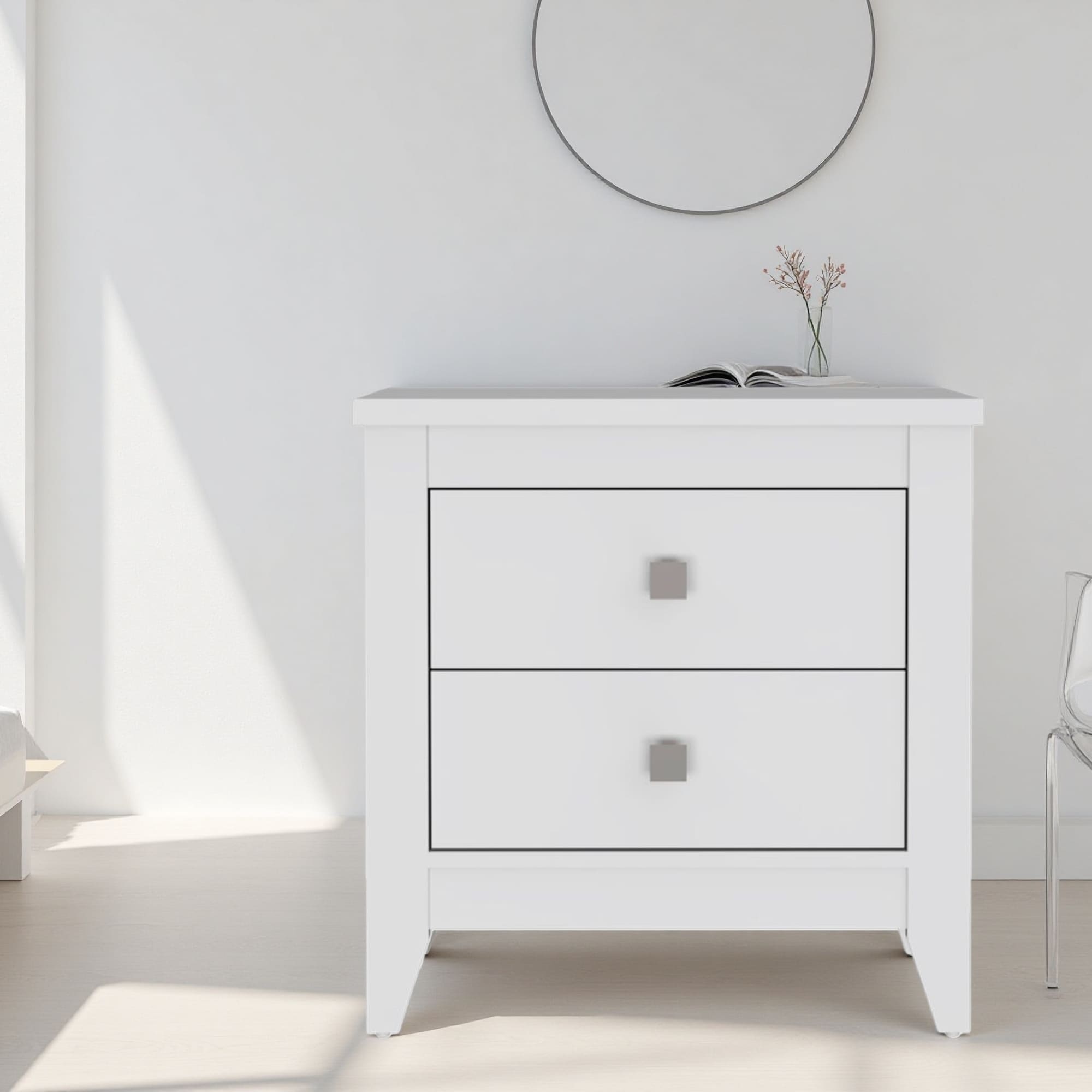 26.6"L Laminated Particleboard Nightstand with Two Drawers, Two Shelves & Four Legs - End Table, Side Table with Superior Top