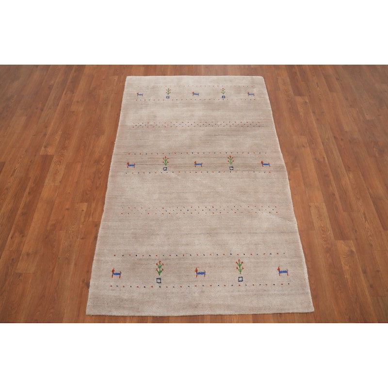 Hand Knotted Oriental 100% Wool Carpet Tribal Animal Pictorial Beige & Ivories Gabbeh Area Rug - 4' 11'' X 3' 0''