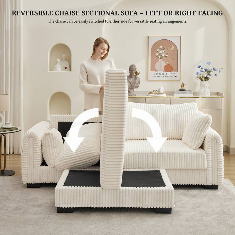 L-Shaped Sofa, 2 Seater Modular Sectional Sofa with Convertible Chaise, USB Ports, Corduroy Couch with Oversized Side Pocket