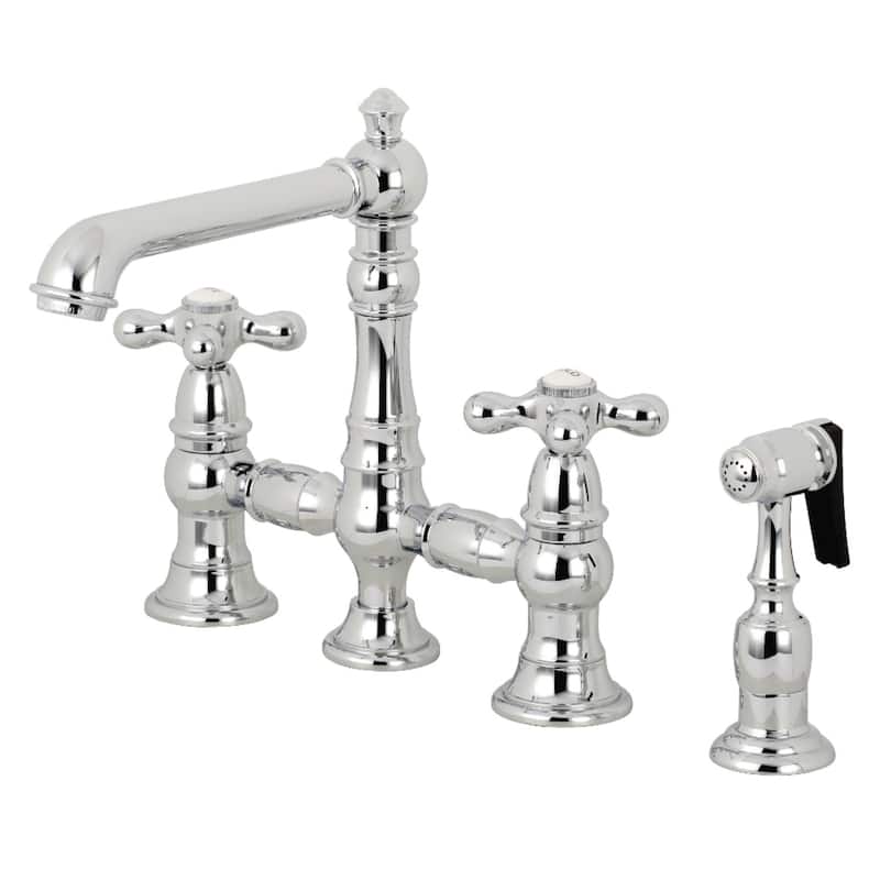 English Country Bridge Kitchen Faucet with Sprayer in Matte Black - Polished Chrome