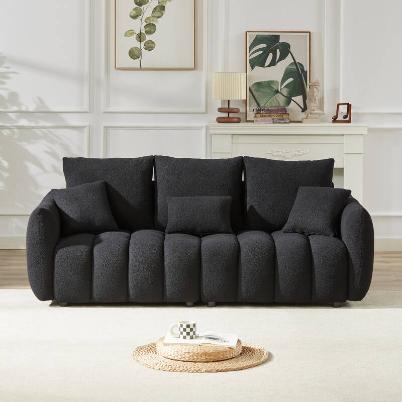 2-Piece 6-Seat Teddy Fabric Sectional Set (3+3) with Wood Frame & 6 Pillows