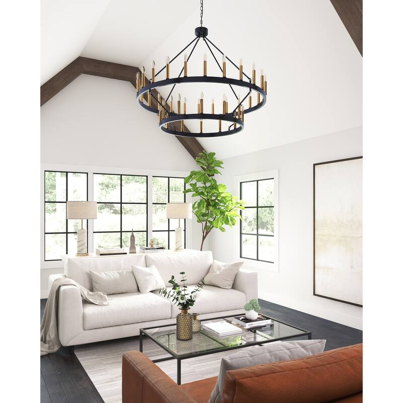 48" Black 36-Light Wagon Wheel Gold Candle Style Industrial 2-Tier Round Chandelier