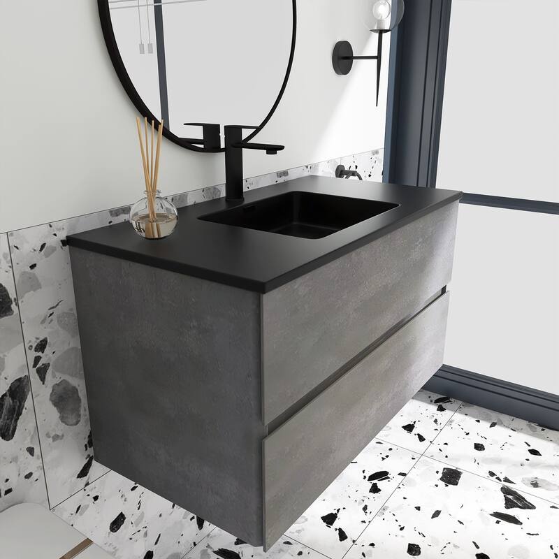24 in./30 in./36 in. Wall-Mounted 2-drawer Bathroom Vanity Set in Cement Grey with Integrated Solid Surface Sink