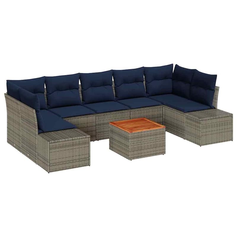 vidaXL 8 Garden Sofa Set with Cushions Black/Grey Poly Rattan - 113.8 x 60.6 x 27.2