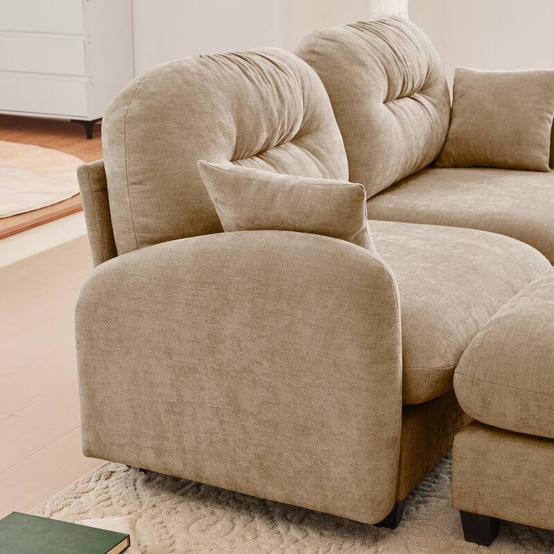 Sectional Sofa with Tufted Backrest, Chaise Lounge Sofa with 2 Throw Pillows, Four-Seater Recliner Sofa for Living Room