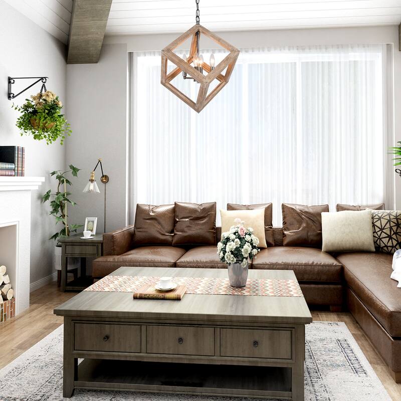 Loby Farmhouse Solid Wood Chandelier 4-light Rustic Geomerical Island Pendant Lights - D15.5 "x H 18"