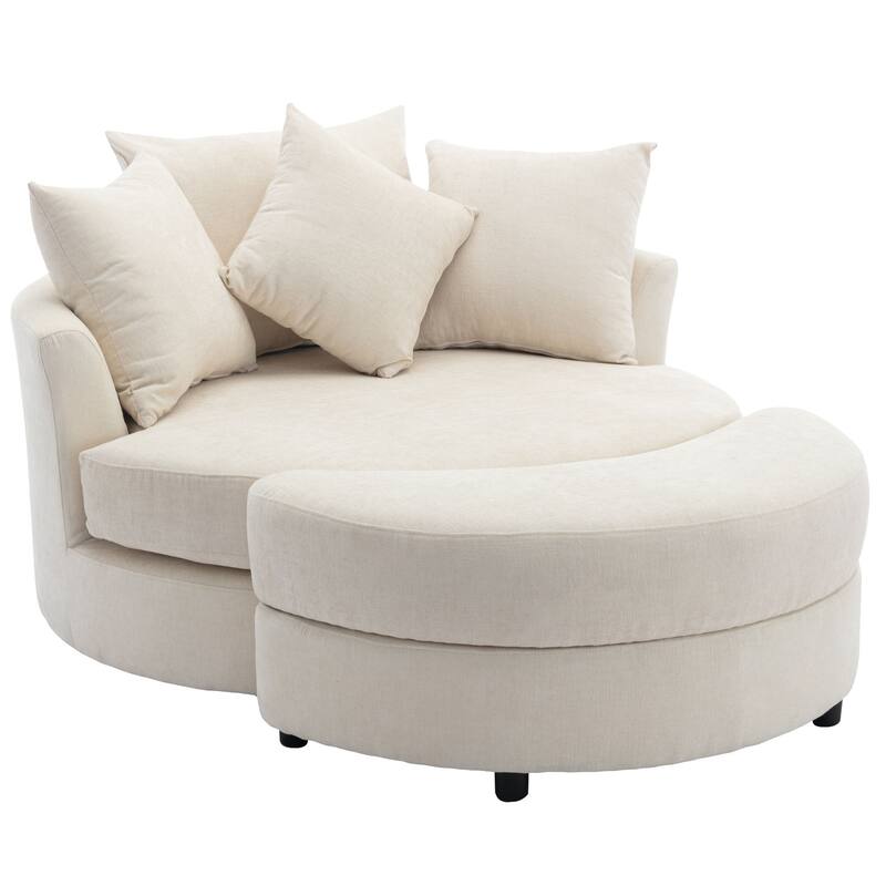360° Swivel Accent Barrel Chair with Storage Ottoman & 4 Pillows, Modern Chenille Leisure Chair Round Accent