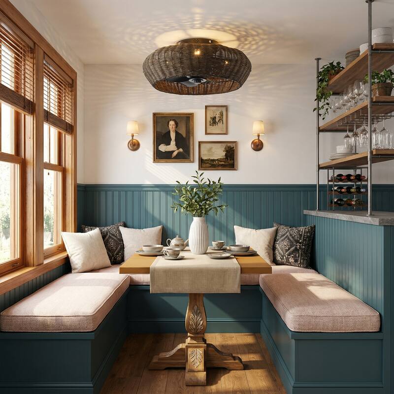 20-inch Boho Distressed Black Chandelier Flush Mount Ceiling Fan with Remote and Hand-Woven Rattan Shade - 19.7" W x 7.08" H