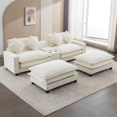 Roomfitters Chenille Sectional Sofa with 2 Ottomans, USB Ports, Cup Holders and Storage Box for Living Room