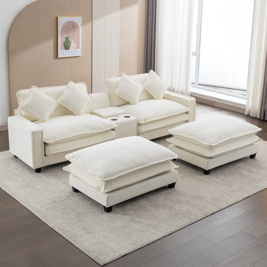 Roomfitters Chenille Sectional Sofa with 2 Ottomans, USB Ports, Cup Holders and Storage Box for Living Room