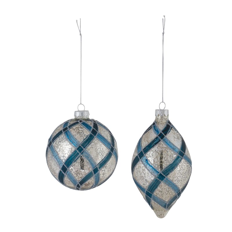Glittered Net Glass Christmas Ornaments 6" (150Mm) Silver and Blue 6Ct