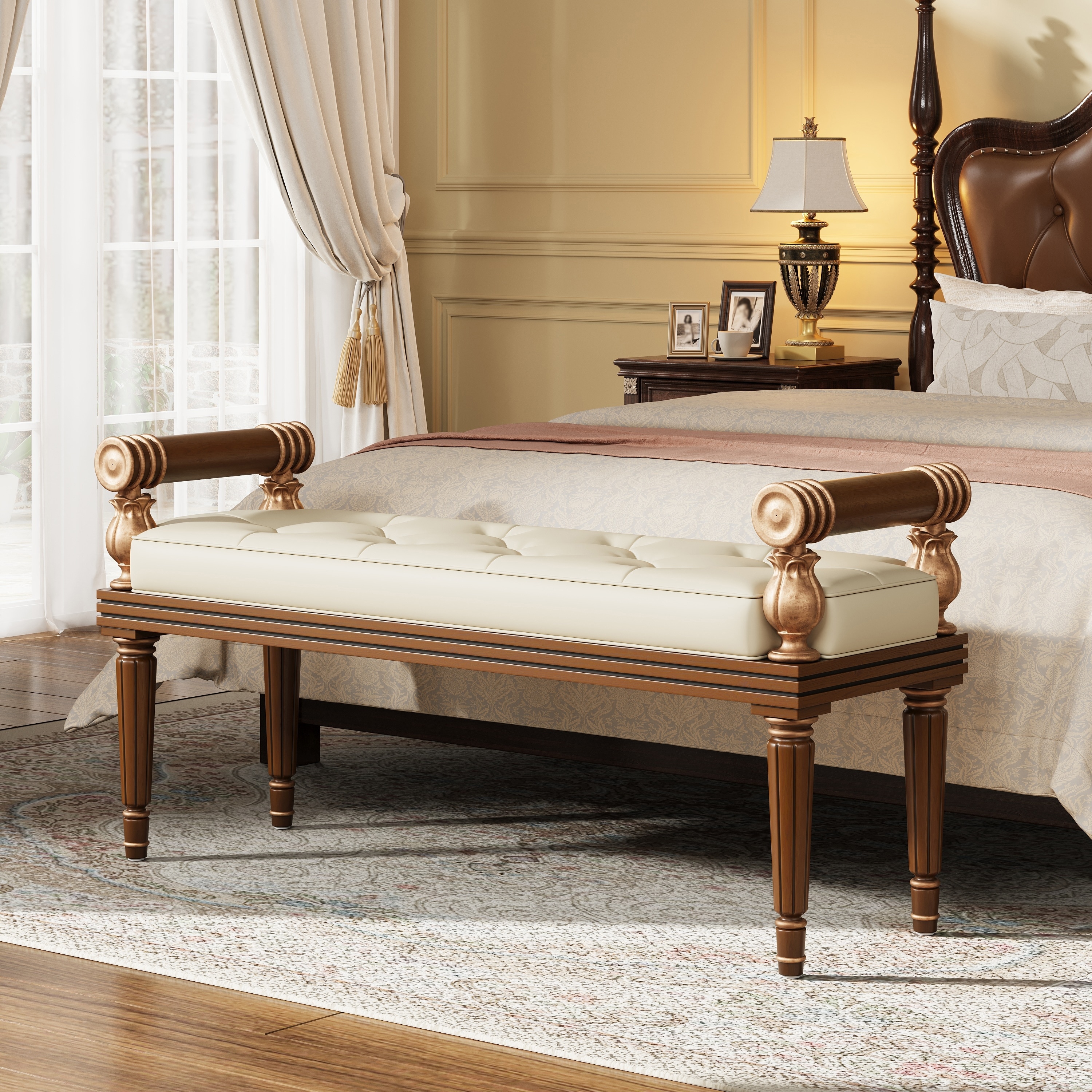 Christopher Knight Home - Mid-Century PU Leather Upholstered Bench with Button-Tufted Seat & Solid Wood Frame - 50"W