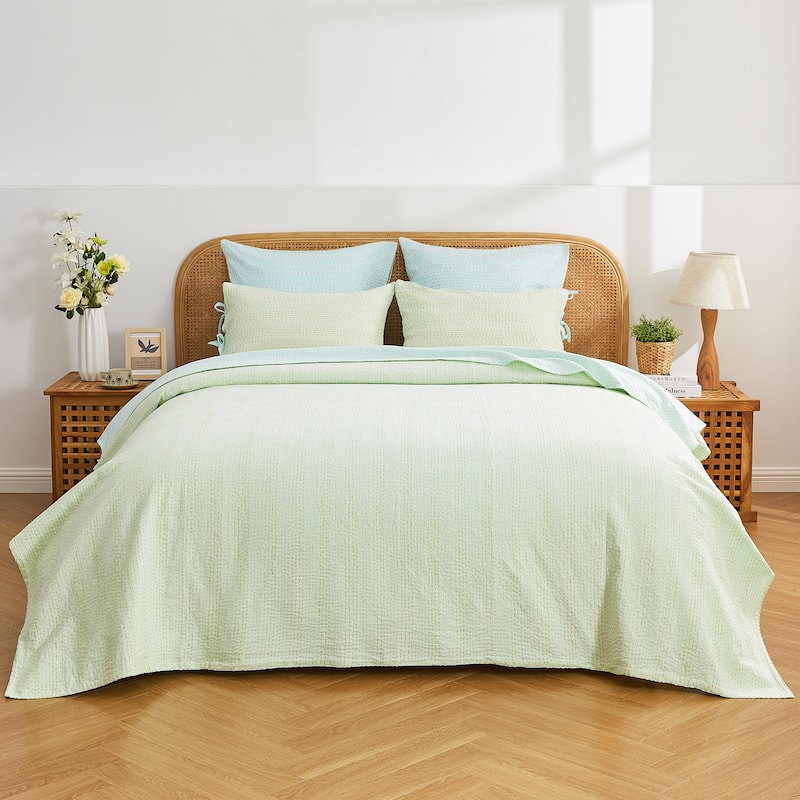 Melange Hand Craft Kantha Collection Soild Reversible Coverlet and Sham - Aqua Coverlet Only - Queen - 1 Piece