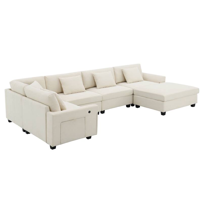 U Shaped Sectional Sofa with Ottoman, Chenille 6 Seater Sofa with Hidden Armrest Storage, Cup Holders & USB Charging Ports