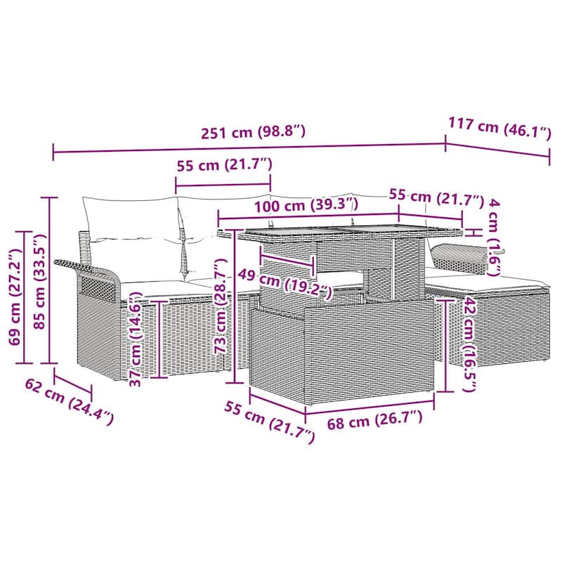 vidaXL 6 Piece Garden Sofa Set with Cushions - 98.8×46.1×27.2