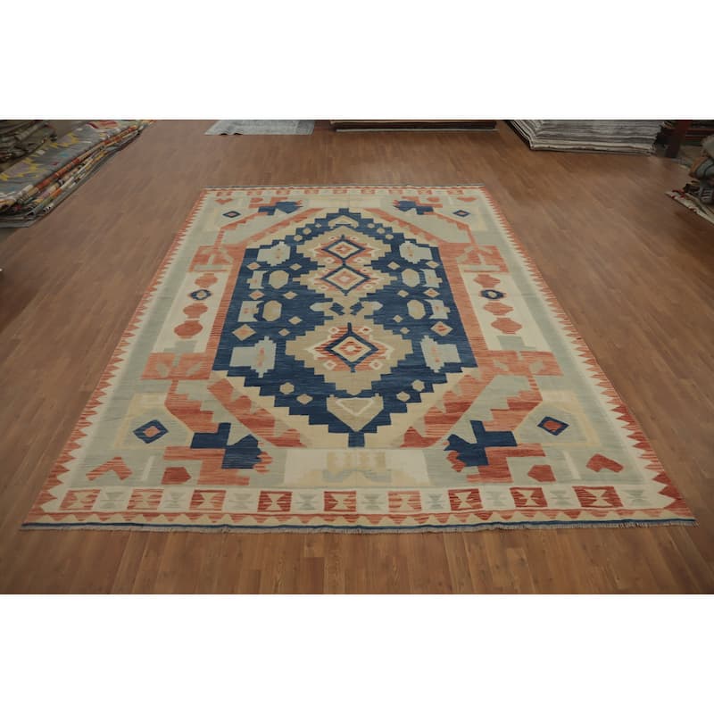 Hand Woven Southwestern Wool Blue Geometric Area Rug - 13' 0'' X 9' 9''