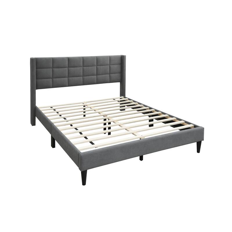 Modern Gray Brushed Linen Queen Size Upholstered Platform Bed with Tufted Headboard