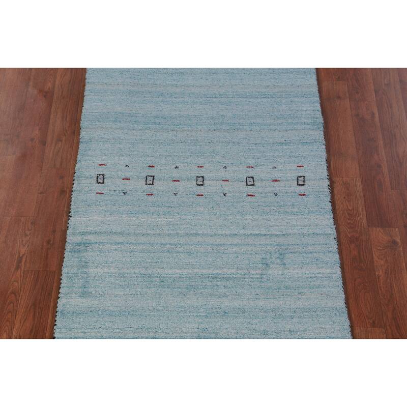 Light Blue Tribal Gabbeh Indian Runner Rug Handmade Wool Carpet - 2'7" x 10'2"