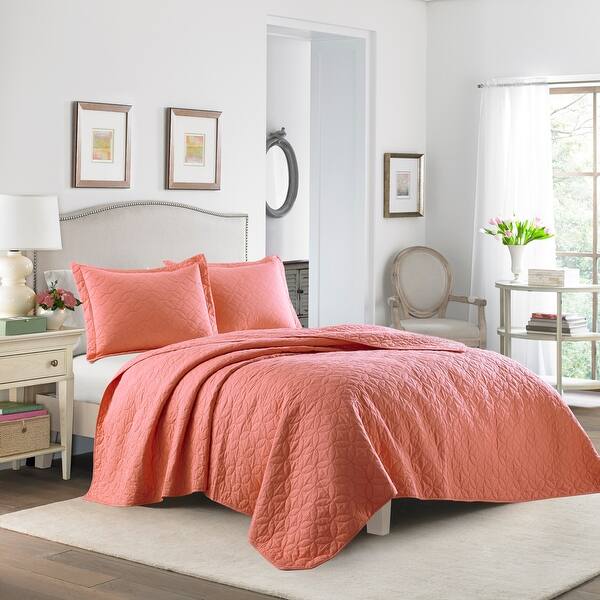 slide 2 of 6, Laura Ashley Solid Coral Cotton Reversible Quilt Set Full - Queen