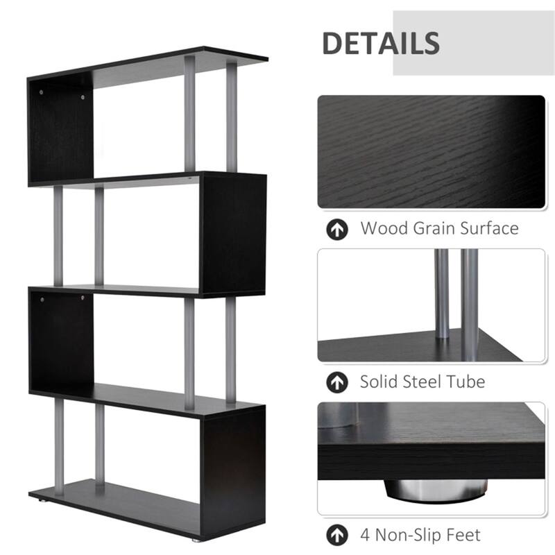 5 Tier Black Modern Design S-Shaped Bookcase Shelf Unit for Living Room Bedroom Office Decor - 31.5'L x 12" W x 57.25" H