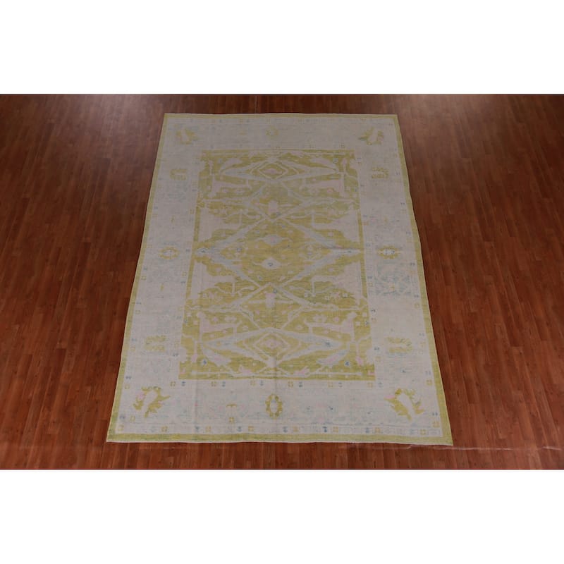 Hand Knotted Oriental 100% Wool Carpet Transitional All-Over Green Oushak Area Rug - 10' 11'' X 8' 0''