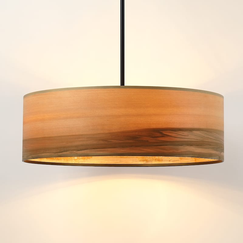 Breaux 4-Light Wood Veneer Drum Chandelier with Black Canopy - 22 in. W - 22 in. W
