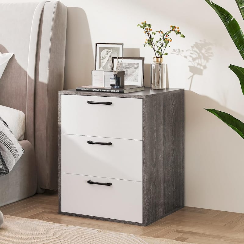 1/2 PCS Nightstand w/ 3 Drawers Modern Bedside Table w/ Gray Grain