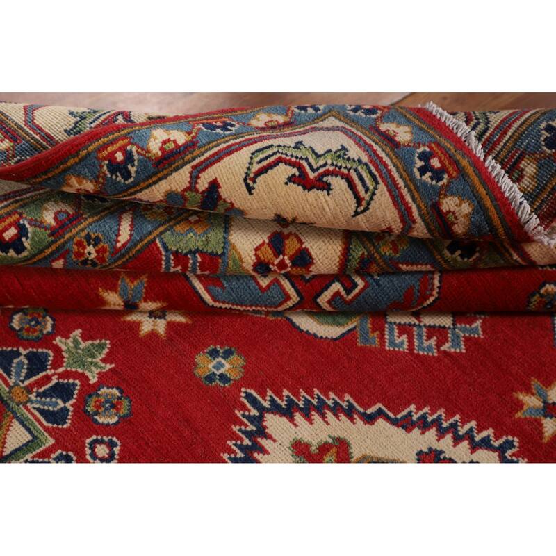 Geometric Red Kazak Area Rug Living Room Hand-Knotted Wool Carpet - 6'8" x 10'3"