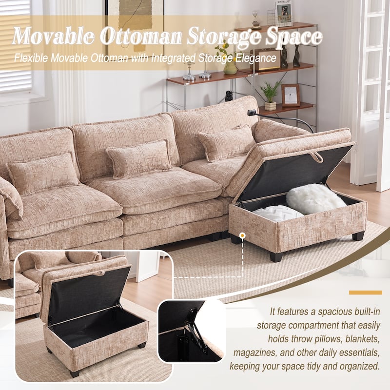 HOMEFUN Chenille Upholstered L-shaped Phone Holder Modular Sectional Sleeper Sofa with Movable Storage Ottoman