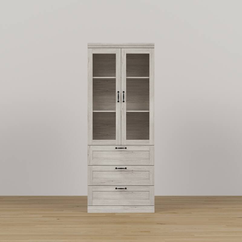 Bookcase Cabinet with Glass Doors and Drawers Multi-Purpose Storage Display Hutch for Living Room or Dining Room