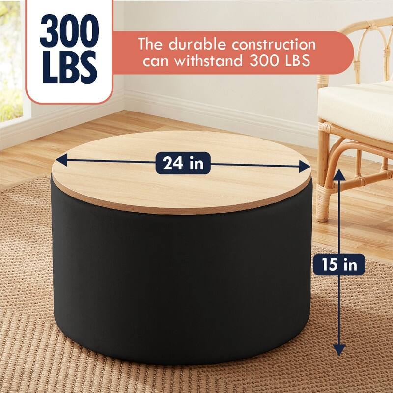 Parker Large Round Storage Coffee Table Ottoman with Wooden Lift Off Lid