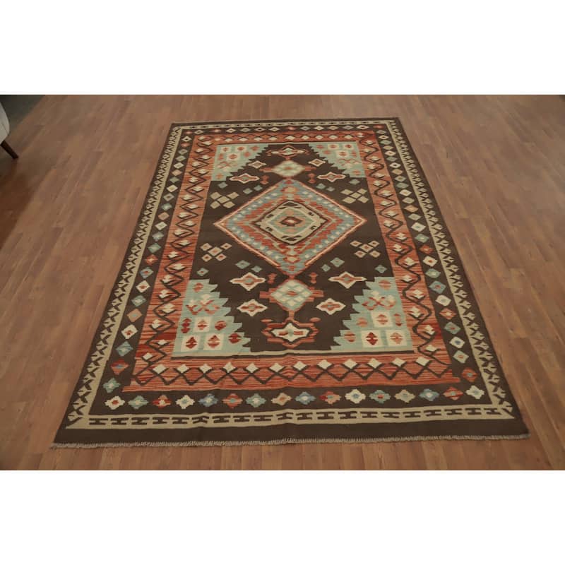 Hand Woven Oriental 100% Wool Carpet Southwestern Tribal Brown Kilim Area Rug - 9' 10'' X 6' 7''