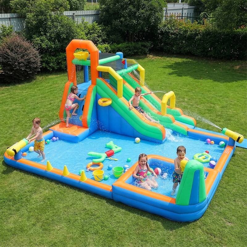 Oxford Cloth Inflatable Castle Bounce House In Blue And Yellow With Double Slides, Climbing Wall And Water Pool - N/A