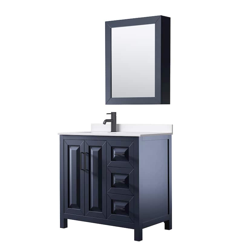 Daria 36-inch Single Vanity, Single Hole Quartz Top, Med Cabinet - Dark Blue, Black Trim, White Quartz Top