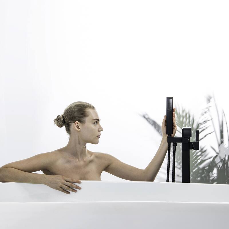 Waterfall Double Handles Freestanding Floor Mounted Tub Faucet With Hand Shower