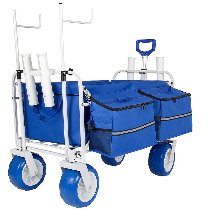 Beach Wagon Cart with Chair Racks & Fishing Rod Holders, 9" All-Terrain Wheels, Removable Cooler & Storage Bags - Blue