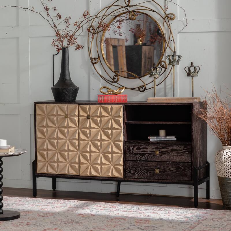 Roomfitters Modern Solid Wood Sideboard Cabinet, Geometric Pattern Storage Console with 2 Doors and Open Shelves, Natural